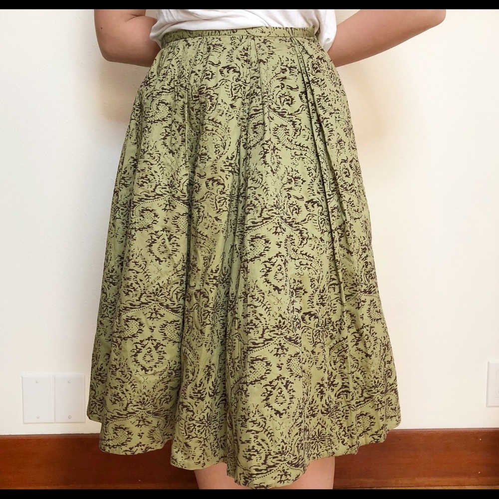 Odille Anthro Skirt Soft Chartreuse Brown Velvet 2-4